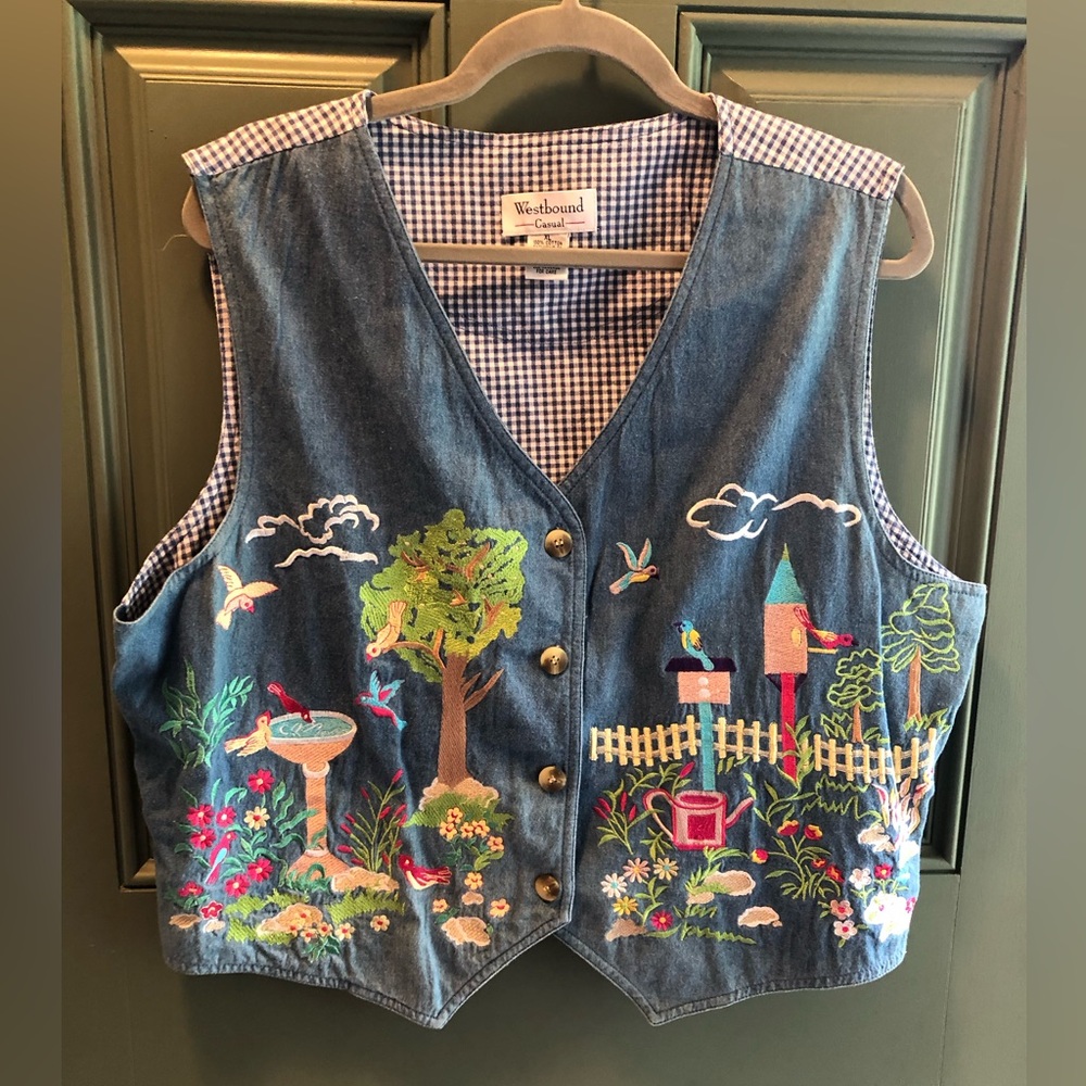 Vintage Women's XL Denim Vest Birds Embroidered
